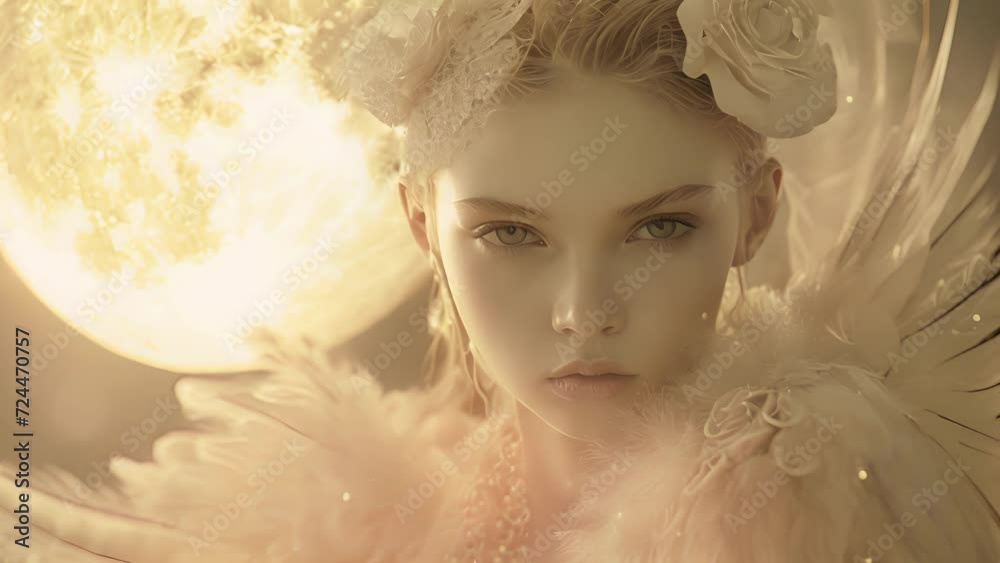 The moon casts a pale glow on the face of a gothic angel her eyes reflecting the secrets of the night and the depth of her wingspan.
