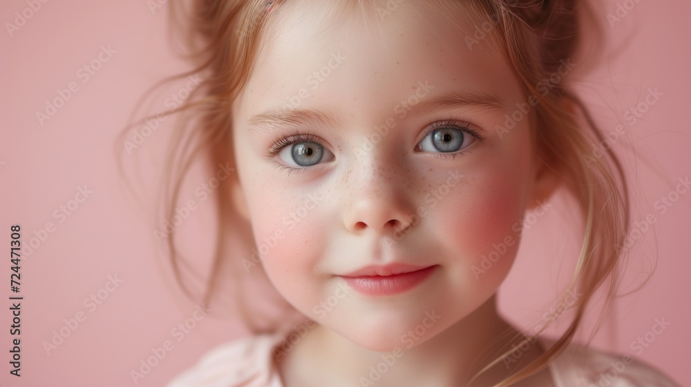 Close-up of a cheerful toddler girl on a pink background. Close-up of a cheerful toddler girl on a pink background.