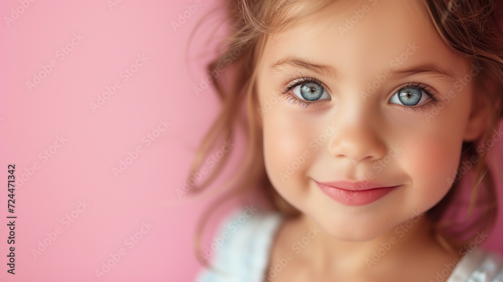 Close-up of a cheerful toddler girl  on a pink background.