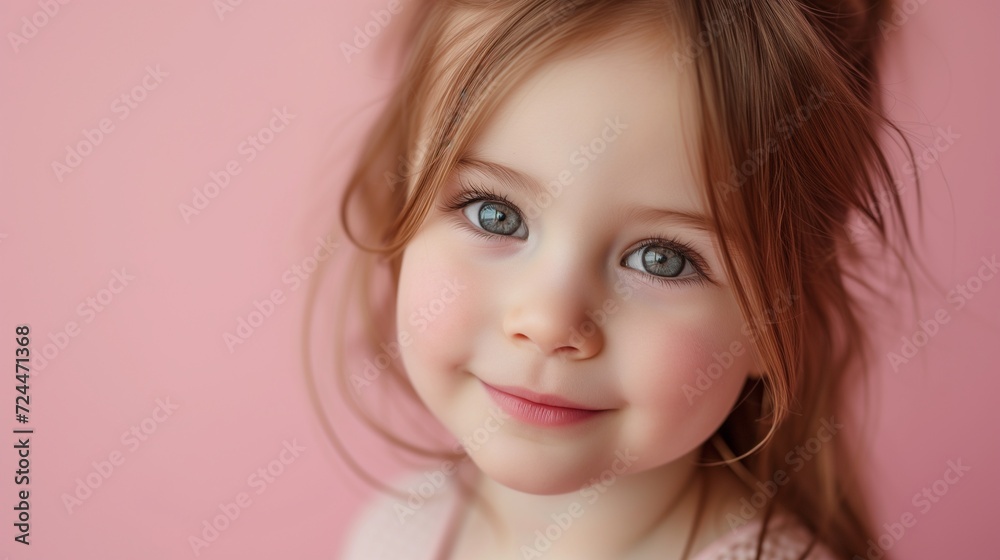 Close-up of a cheerful toddler girl on a pink background. Close-up of a cheerful toddler girl on a pink background.