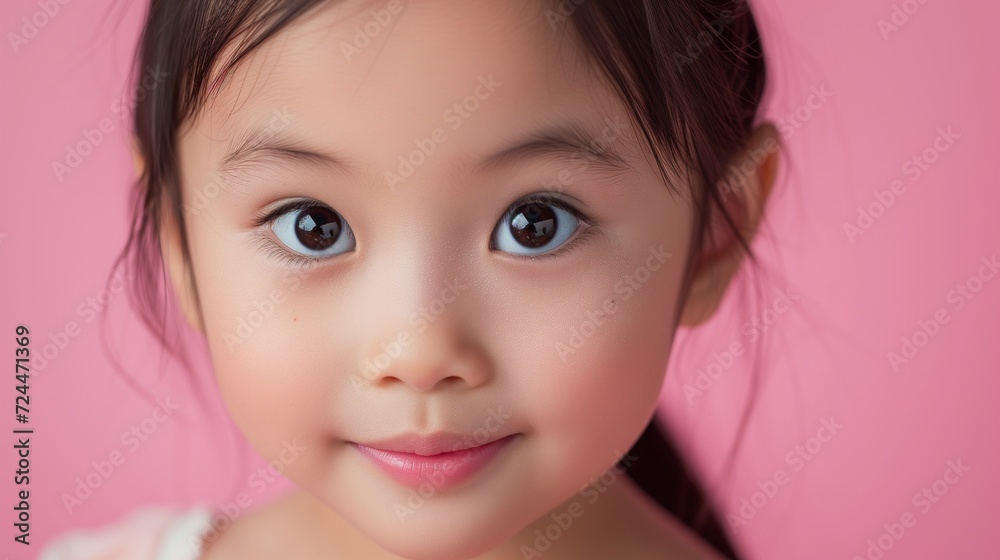 Close-up of a cheerful toddler girl on a pink background. Close-up of a cheerful toddler girl on a pink background.