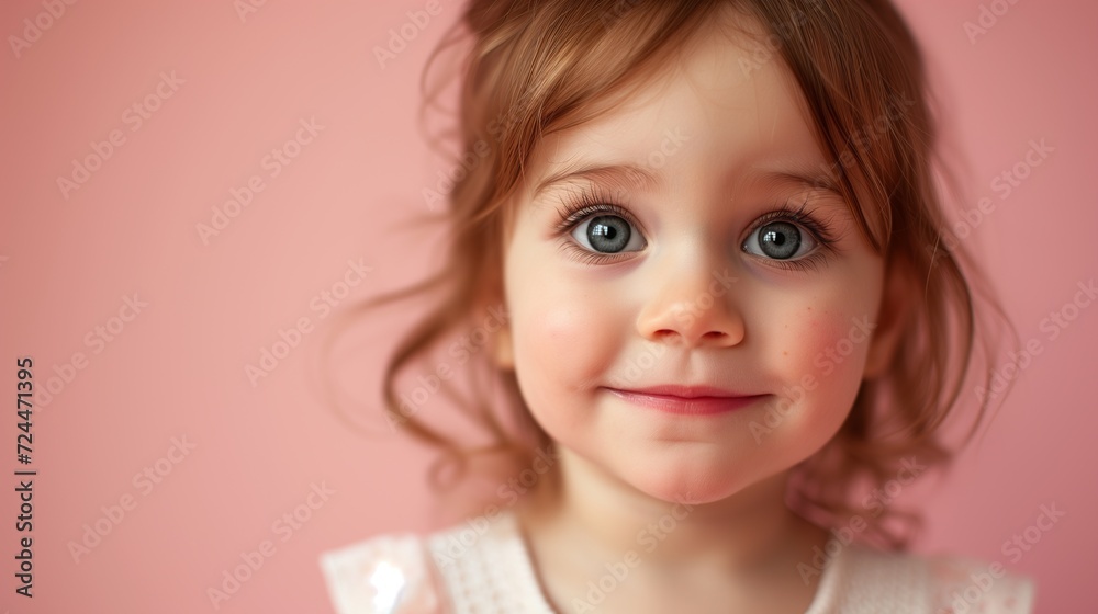 Close-up of a cheerful toddler girl on a pink background. Close-up of a cheerful toddler girl on a pink background.