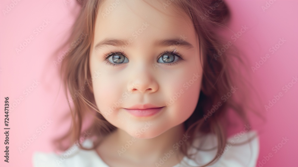 Close-up of a cheerful toddler girl on a pink background. Close-up of a cheerful toddler girl on a pink background.