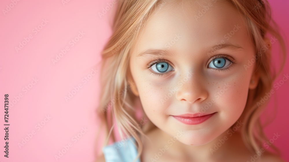 Close-up of a cheerful toddler girl on a pink background. Close-up of a cheerful toddler girl on a pink background.