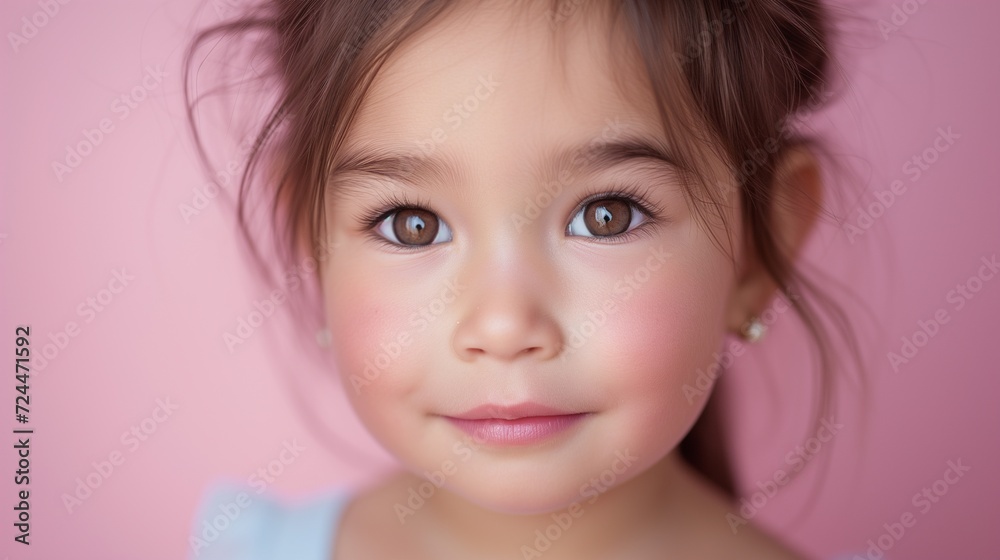 Close-up of a cheerful toddler girl on a pink background. Close-up of a cheerful toddler girl on a pink background.