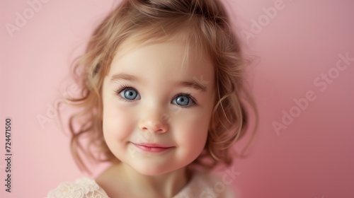 Close-up of a cheerful toddler girl on a pink background.