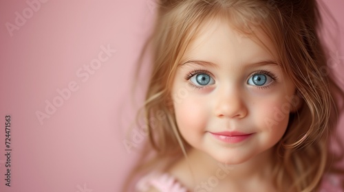 Close-up of a cheerful toddler girl  on a pink background.
