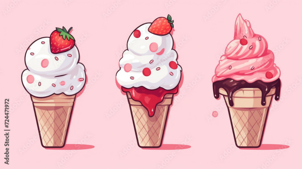 Three Ice Cream Cones with Toppings Three Ice Cream Cones with Toppings