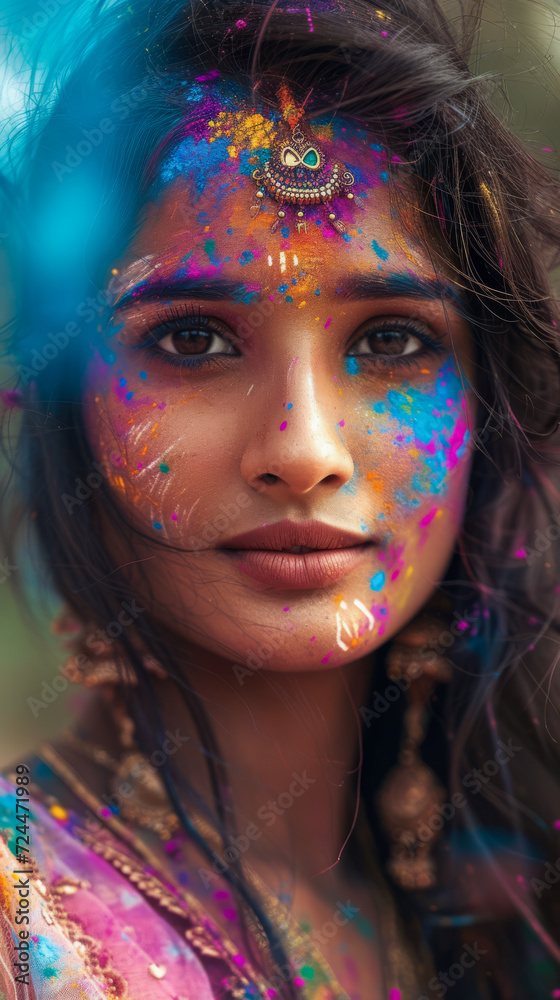Beautiful young Indian woman with her face painted during the Holi festival in India Beautiful young Indian woman with her face painted during the Holi festival in India