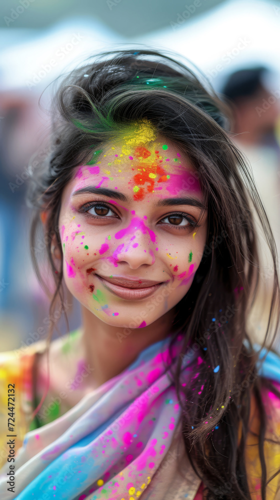 Beautiful young Indian woman with her face painted during the Holi festival in India Beautiful young Indian woman with her face painted during the Holi festival in India