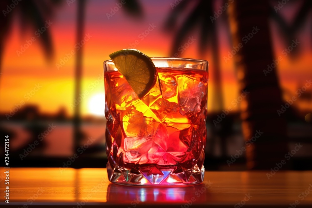 Rum Sunset: Rum punch in a sunset-inspired glass, with layers of colorful liquids. Rum Sunset: Rum punch in a sunset-inspired glass, with layers of colorful liquids.