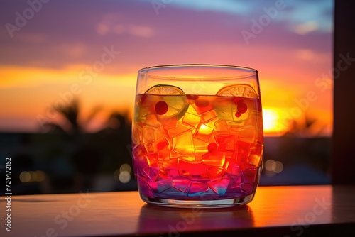Rum Sunset: Rum punch in a sunset-inspired glass, with layers of colorful liquids.