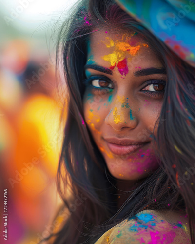 Beautiful young Indian woman with her face painted during the Holi festival in India