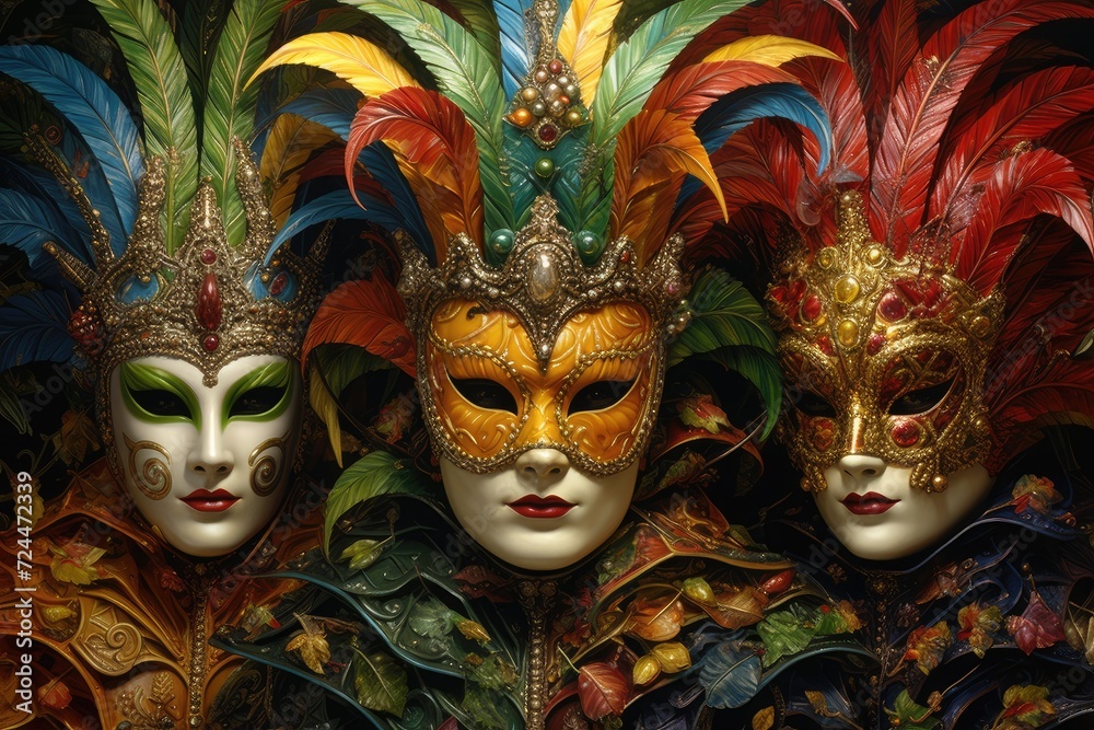 Enigmatic Trio: Lavish Mardi Gras Masks in a Burst of Colors Generative AI