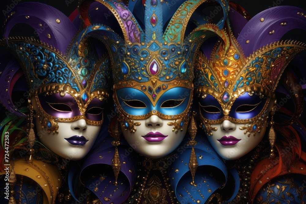 Enigmatic Trio: Lavish Mardi Gras Masks in a Burst of Colors Generative AI Enigmatic Trio: Lavish Mardi Gras Masks in a Burst of Colors Generative AI