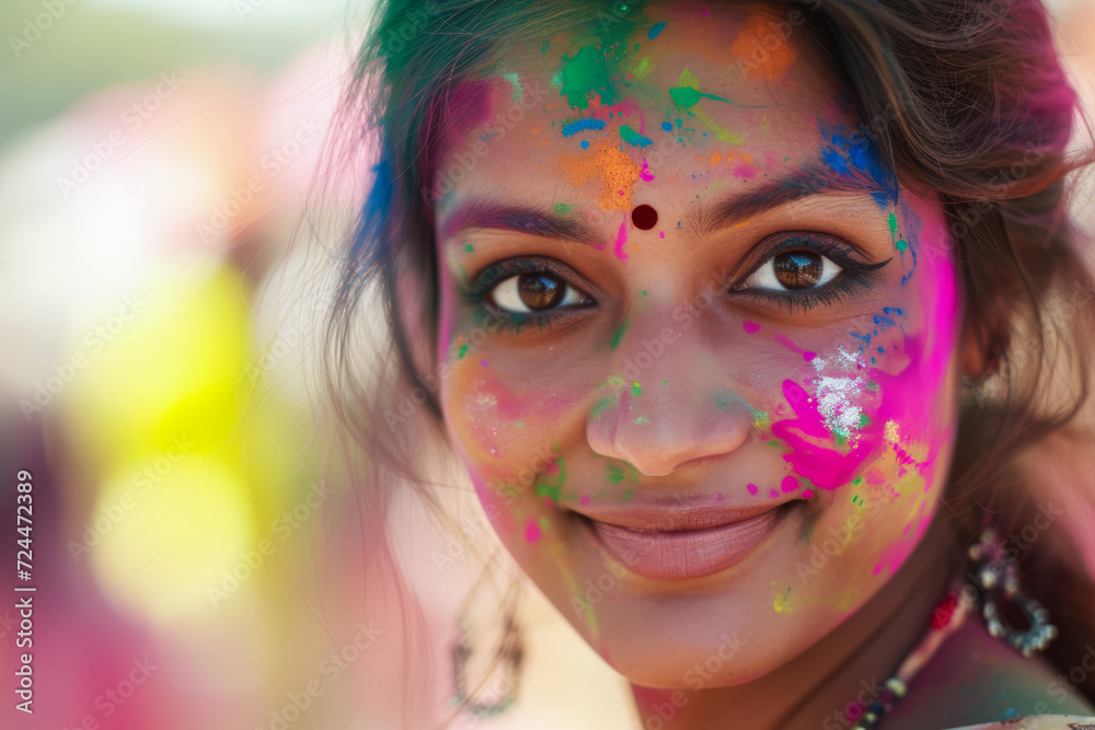 Beautiful young Indian woman with her face painted during the Holi festival in India Beautiful young Indian woman with her face painted during the Holi festival in India