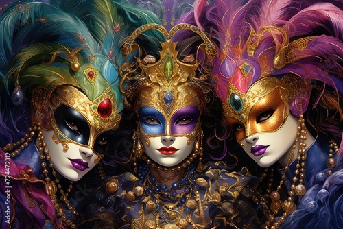 Enigmatic Trio: Lavish Mardi Gras Masks in a Burst of Colors Generative AI © Gelpi
