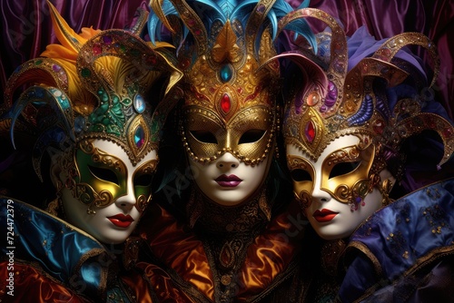 Enigmatic Trio: Lavish Mardi Gras Masks in a Burst of Colors Generative AI