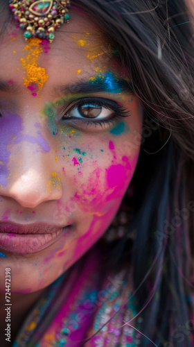 Beautiful young Indian woman with her face painted during the Holi festival in India