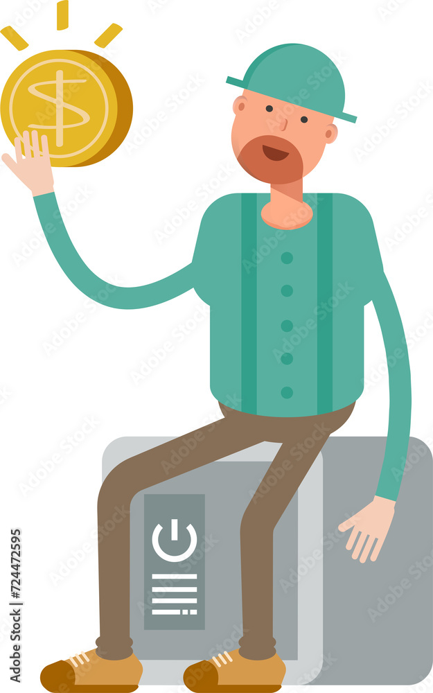 Beard Man Character Sitting on Safe and Holding Dollar Coin
Beard Man Character Sitting on Safe and Holding Dollar Coin