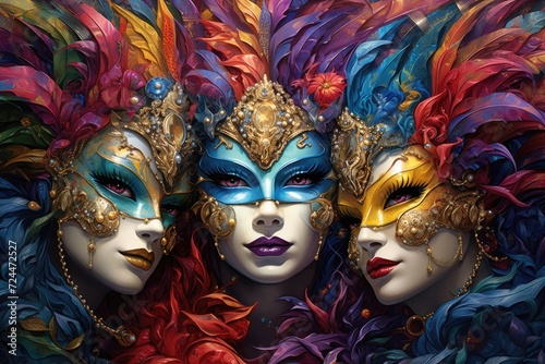 Enigmatic Trio: Lavish Mardi Gras Masks in a Burst of Colors Generative AI