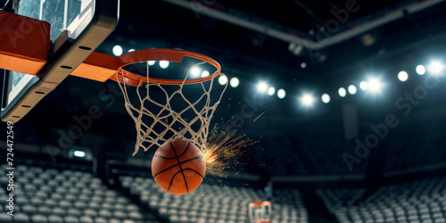 A ball flies into a basketball basket. Sport epic banner