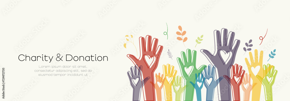 Charity and Donation banner. Raised hands. Volunteering, teamwork concert. Charity and Donation banner. Raised hands. Volunteering, teamwork concert.