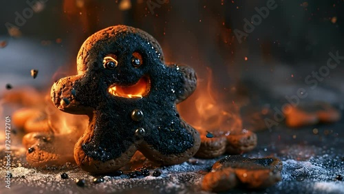 Cartoon animation A burnt and blackened gingerbread cookie crying as they receive the worst bake award from the judges.