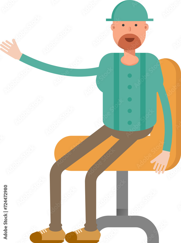 Beard Man Character Sitting on Office Chair
