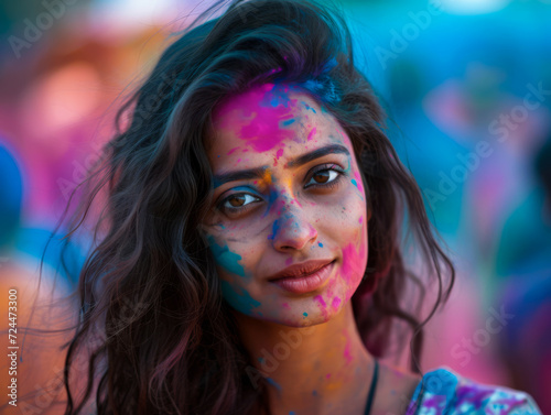 Beautiful young Indian woman with her face painted during the Holi festival in India