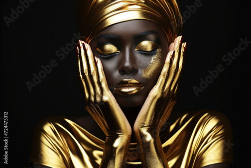 Woman with Gold Paint on Face and Hands
