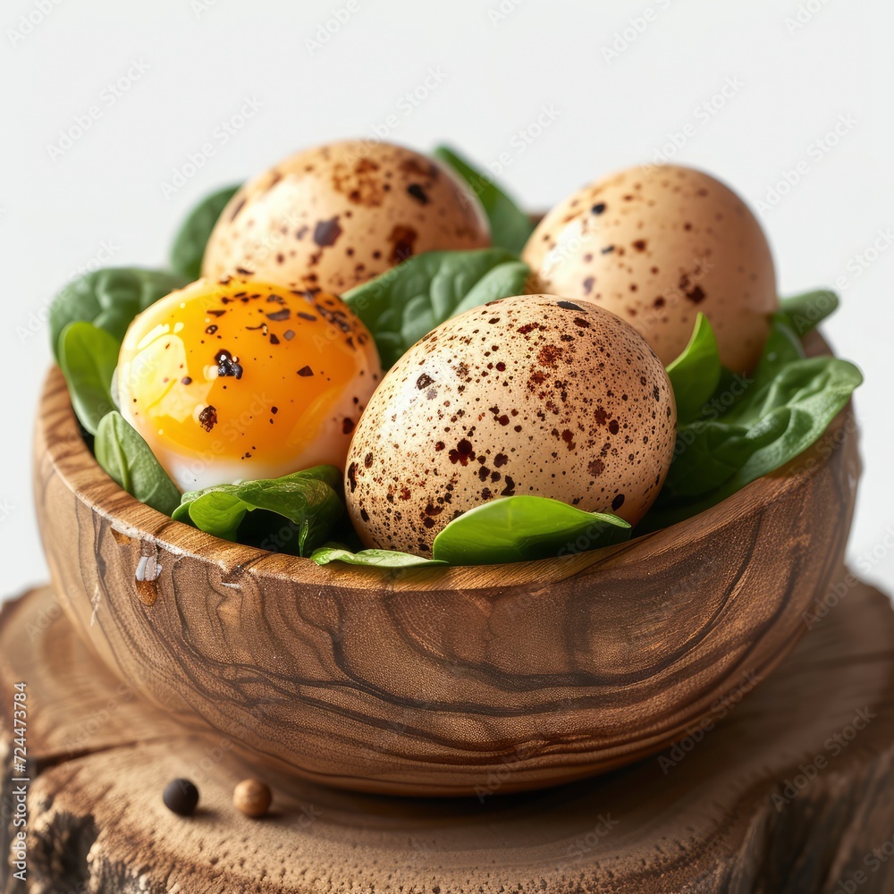 Quail Eggs Greens On Wooden Table On White Background, Illustrations Images