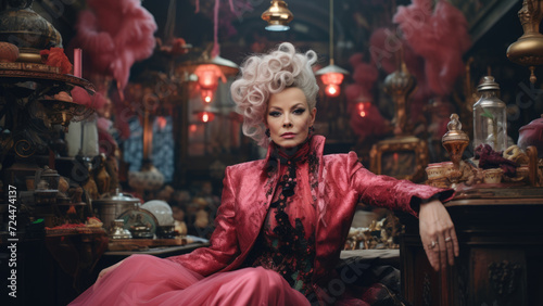 Elegant Era Echo: Portrait of an Aristocratic Woman in a Pink Dress, Nostalgic of Fashion from Past Centuries