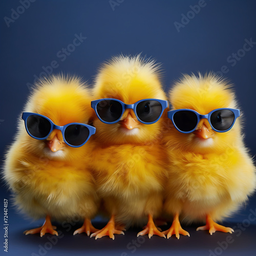 Three yellow chickens in sunglasses on a dark blue background. Easter concept.