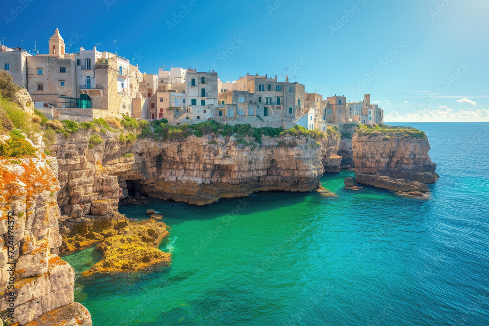 aerial view Spectacular spring cityscape of Polignano a Mare town, Puglia region, Italy