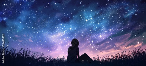 Anime-style illustration of a girl sitting peacefully under a twilight sky, enveloped by a radiant tapestry of stars and the vast cosmos.