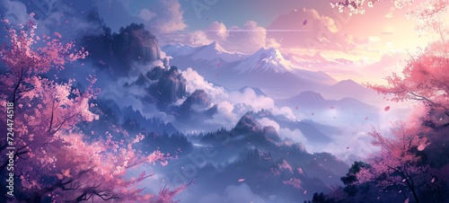 Enchanting anime landscape with cherry blossoms framing a misty sunrise, casting a serene glow over tranquil mountains and valleys. © Maxim