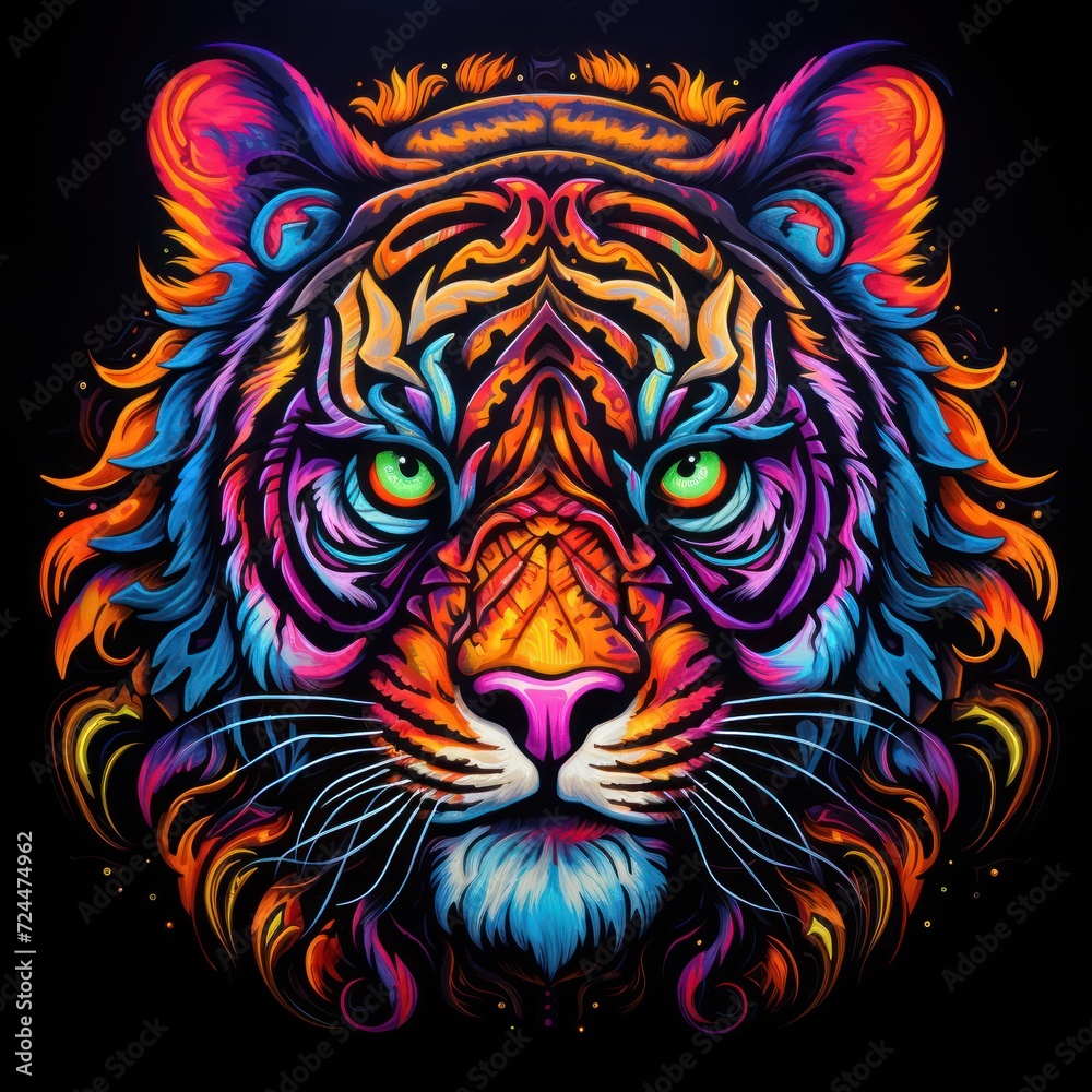 Blacklight painting-style tiger, tiger pop art, illustration
