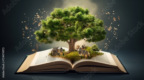 The old big book opens with the tree of knowledge planted inside, creating a symbolic scene in the library.