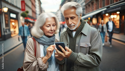 senior couple use mobile phone on city street