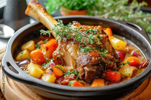 Braised lamb shank with herbs and vegetables photo