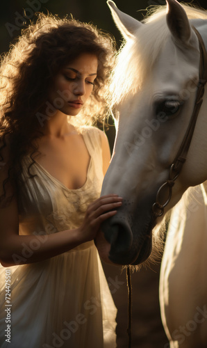 Beautiful young girl in a white dress with a white horse.