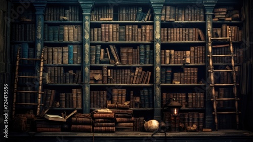 Wall adorned with rows of old ancient books in a library. photo