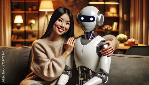 asian woman hug humanoid robot at home