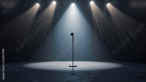 Empty concert stage have one microphone at center was illuminated with spotlight .