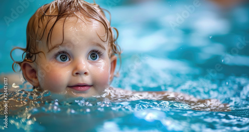 a beautiful kid swimming under water on a pool