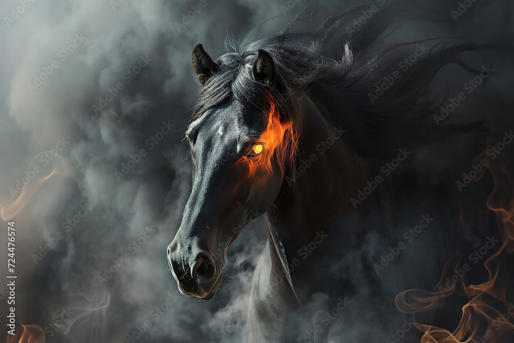 Amidst the dark and fiery landscape, a majestic black horse stands with ...