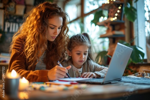 A biracial mother points at her laptop while helping her daughter write her homework