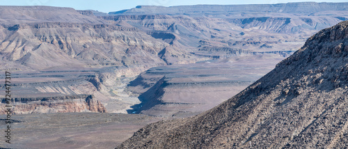  escarpment slopes and dry riverbed from Hiker viewpoint, Fish River Canyon,  Namibia photo