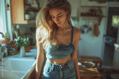 A Caucasian woman wearing blue denim overalls spends time at home fixing a table.